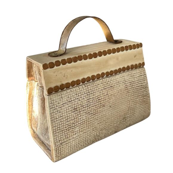 Resin Designer Beige Handbag With Metal Handle Decorative Trinket Box - Picture 3 of 6